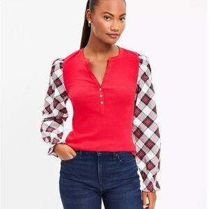 Loft Plaid Henley Mixed Media Knit Top Small Pullover Long Sleeves V Neck Red